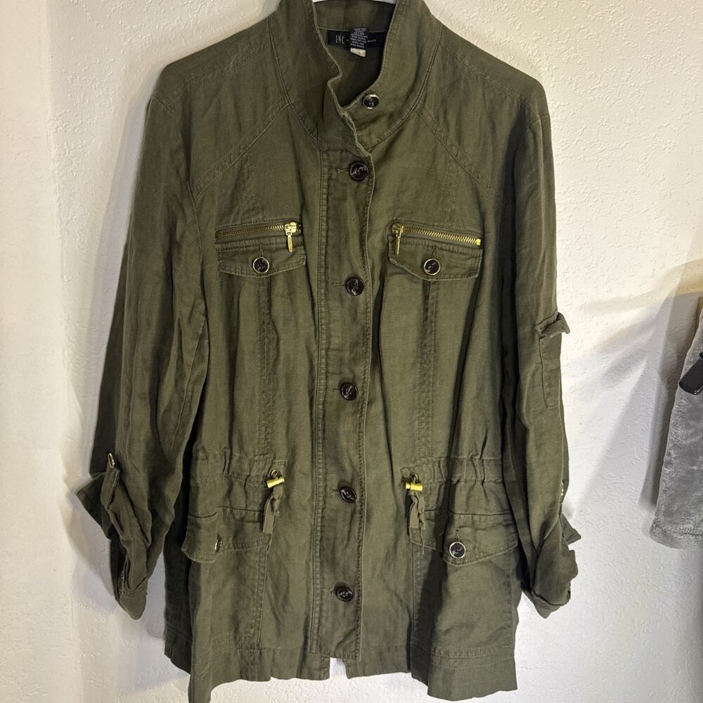 INC 100% Linen Utility Jacket Olive Green Military Womens XL Casual Layer